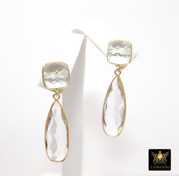 Clear Crystal Quartz Stud Earrings, Gold Over 925 Silver Teardrop Gemstone, Everyday Jewelry